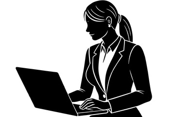 Businesswoman working on laptop black silhouette in white background