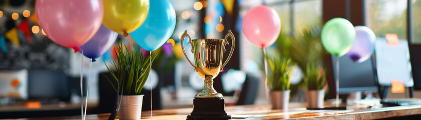 A trophy sitting on a desk surrounded by congratulatory messages and balloons, marking a personal achievement and the joy that comes with it - obrazy, fototapety, plakaty