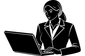 Businesswoman working on laptop black silhouette in white background