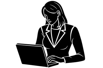Businesswoman working on laptop black silhouette in white background