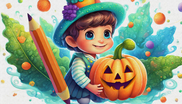 oil painting style CARTOON CHARACTER CUTE BABY hold SCARY PUMPKIN isolated on white background, top view,  