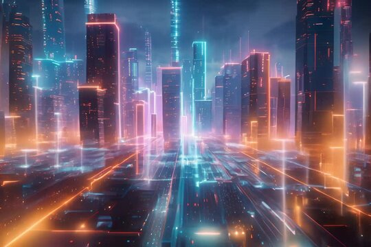 A digital painting of a cyberpunk city with skyscrapers, neon lights, and a glowing grid on the ground.