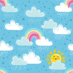 Hand drawn vector illustration. Seamless pattern with cute rainbow, rain cloud and smiling sun