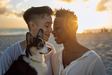 Two men being in love, next to them is a charming dog. Romantic atmosphere, sunset