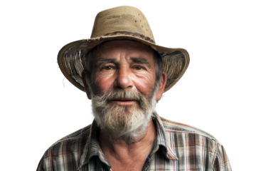 Portrait studio shot of mature senior Farmer man weaning straw hat isolated on transparent png background, person look at camera, agriculture worker.