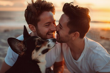 Two men in love rub their noses, next to them is a charming dog. Romantic atmosphere, sunset