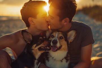 Men in love kissing on the beach. Next to them are their adorable dogs. Romantic atmosphere, sunset