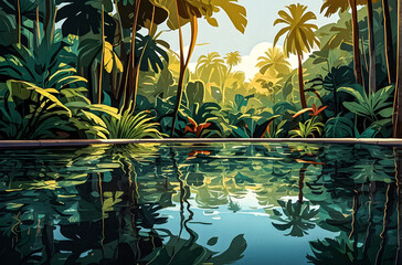 Lush jungle foliage reflected in a tranquil pool vector art illustration image.
