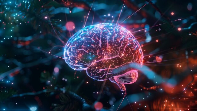 Delve into the depths of cerebral activity as shimmering plexus lines illuminate the frontal lobe of a human brain. 

