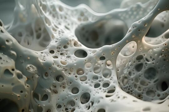 A close-up image of a white, organic structure that resembles both a coral reef and the surface of a planet.