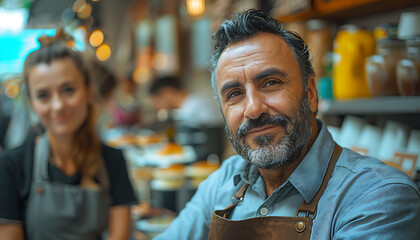 Portrait of handsome male barista small business owner using computer - obrazy, fototapety, plakaty