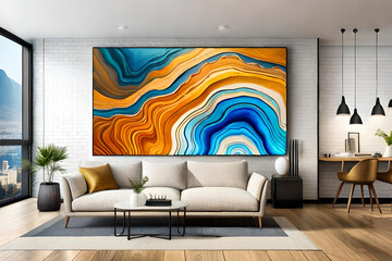 Marble abstract acrylic painting in the interior of the room. Marbling artwork texture. - obrazy, fototapety, plakaty