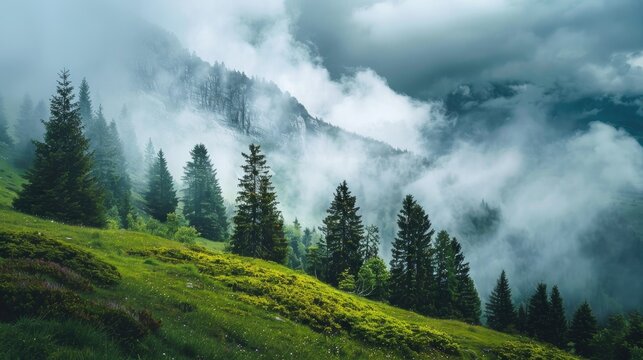 Trees on a mountain under white clouds
