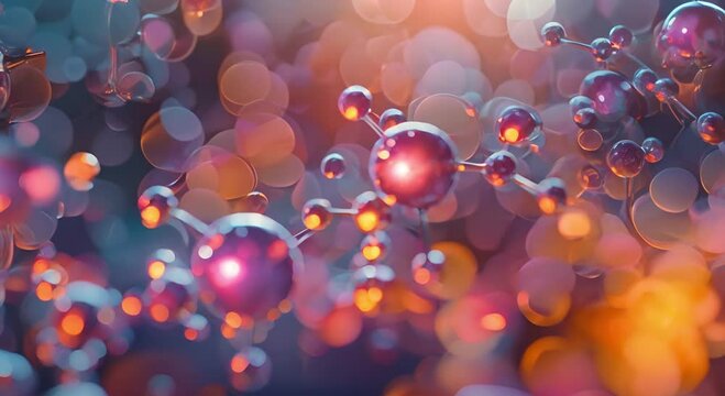 3D illustration of a molecule with a glowing red and blue surface on a blurred background