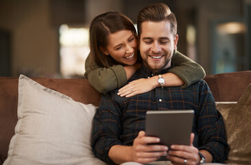 Home, hug and couple with tablet, love and search for restaurant or social media post with romance...