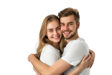 Portrait of happy couple hugging and holding together with smiling isolated on transparent png background, loving moment, romantic scene.
