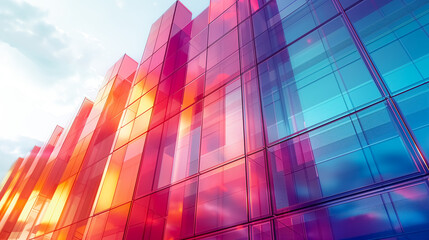 Low Angle Shot of Modern Geometric Facade, Corporate Business Center. Blue Sky, White Clouds, Glass Wall, Financial District, Smart Building, Industrial Architecture. Technology, Innovation, Success