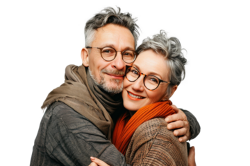 Portrait of happy couple hugging and holding together with smiling isolated on transparent png background, loving moment, romantic scene.