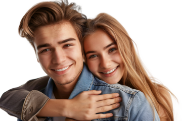 Portrait of happy couple hugging and holding together with smiling isolated on transparent png background, loving moment, romantic scene.