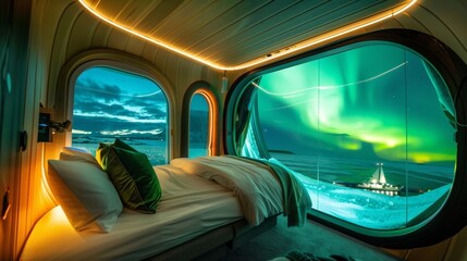 As you leave the Aurora Pod hotel you can take home memories of your stay in the form of handpainted aurora borealis souvenirs crafted by local artists and inspired 2d flat cartoon. - obrazy, fototapety, plakaty