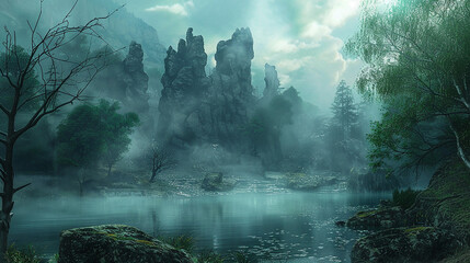 Fantasy landscape with fog water and cliff fantasy in the dark forest - obrazy, fototapety, plakaty