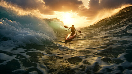 A man paddles a kayak in the ocean - Powered by Adobe