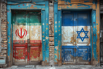 Flags of Iran and Israel painted on the doors of a community center, fostering dialogue and understanding among diverse groups. Concept of cultural exchange. Generative Ai. - obrazy, fototapety, plakaty