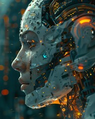 Craft a 3D-rendered scene of a futuristic AI analyzing dream fragments, using glitch art to convey the enigmatic intersection of technology and the subconscious mind