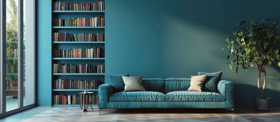 Chic and Luminous Aqua Toned Interior with Neon Highlights and Ample Bookshelves