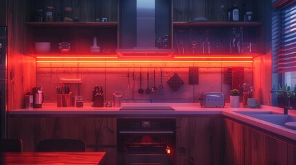 Neon Lit High Tech Modern Kitchen Room with Wooden Furniture and Focused Sink Under Downlight Illumination