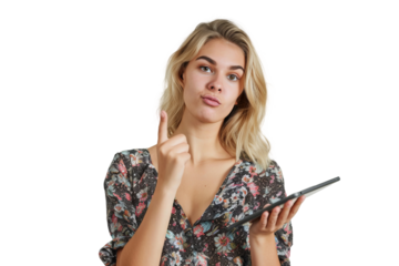 Studio portrait company worker beautiful young Caucasian woman with an attractive smile wearing casual outfits and holding digital tablet, isolated on transparent png background.