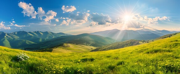 Beautiful spring landscape with green grass on the hill and mountains in background panorama...