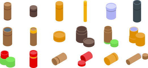 Craft tube box icons set isometric vector. Kraft package. Circular product