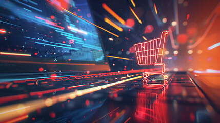 Animated icons of shopping carts racing towards a finish line on a laptop screen, metaphor for the competitive and exciting nature of online shopping deals - obrazy, fototapety, plakaty
