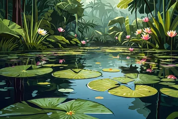 Foto op Canvas Water lilies floating on a jungle pond vector art illustration image.  © Ariyan