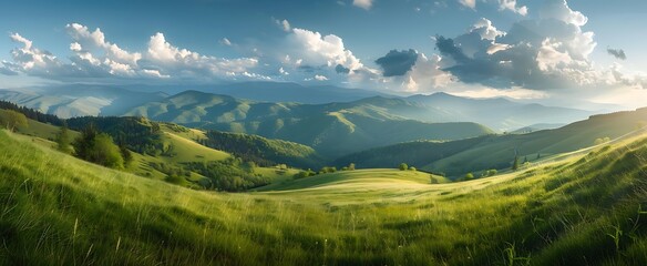 Beautiful spring landscape with green grass on the hill and mountains in background. Panoramic view of Carpathian mountain range - Powered by Adobe