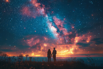 Gazing at the stars together, marveling at the vastness of the universe and the depth of their love. Concept of cosmic connection and eternal romance. Generative Ai.