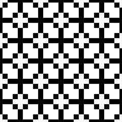Crosses, checks ornament. Folk wallpaper. Cross shapes, squares backdrop. Embroidery background. Seamless pattern. Ethnic mosaic. Tribal motif. Digital paper, textile print, abstract. Vector artwork.