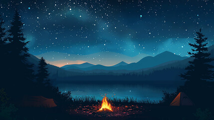 Starlit Night Camping and Hiking Vector with mountain Background