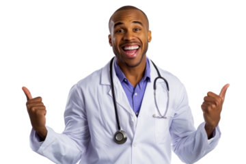 Studio Portrait of smiling Doctor with uniform outfits or laboratory white coat isolated on transparent png background.