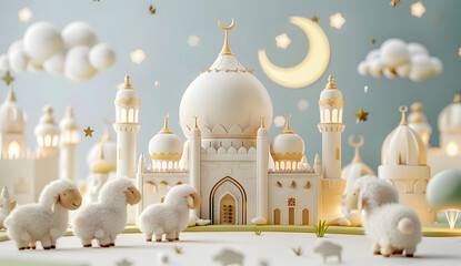 3D rendering of crescent moon, mosque and sheep decoration elements on white background, Eid ul adha - obrazy, fototapety, plakaty