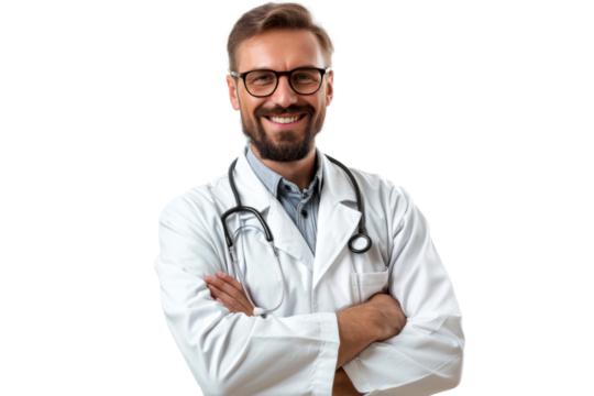 Studio Portrait of smiling Doctor with uniform outfits or laboratory white coat isolated on transparent png background.