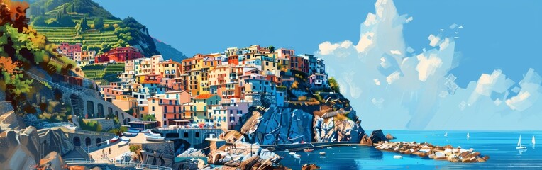 A painting of a small town with a blue sky and a body of water - Powered by Adobe