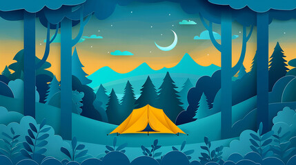 under the Trees Camping and Hiking Vector Background - obrazy, fototapety, plakaty