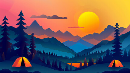 Sunset Ridge Camping and Hiking Vector Background