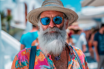 Portrait of a handsome smiling elderly tourist wearing a straw hat, shirt and sunglasses on the...
