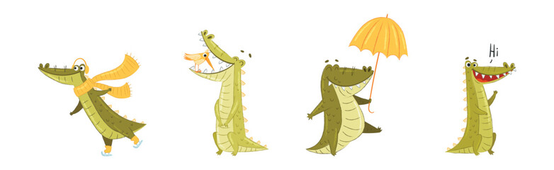 Cute Crocodile Character in Different Situation Vector Set