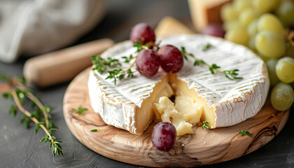 Wooden board with tasty Camembert cheese on table - obrazy, fototapety, plakaty