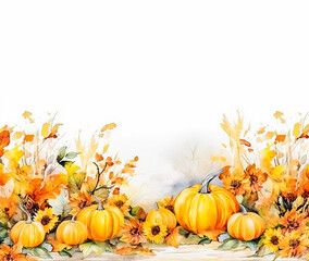 A painting of pumpkins and leaves with a white background