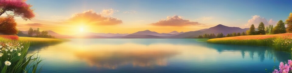 Abstract watercolor blurred landscape midsummer mountain lake at sunset in delicate pastel colors. Abstract background for design, space for text.	